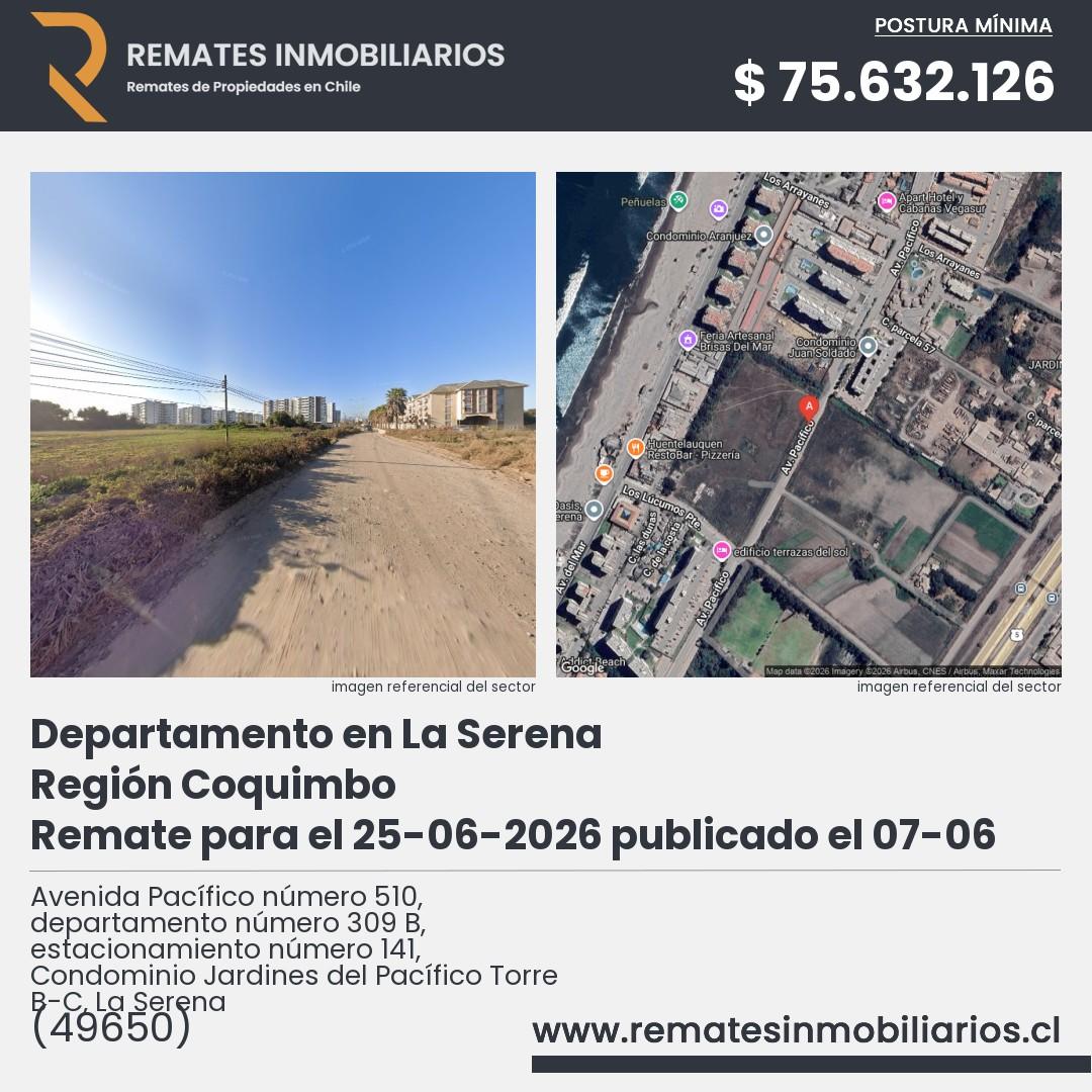 Imagen ficha Avenida Pacífico número 510, departamento número 309 B, estacionamiento número 141, Condominio Jardines del Pacífico Torre B-C, La Serena