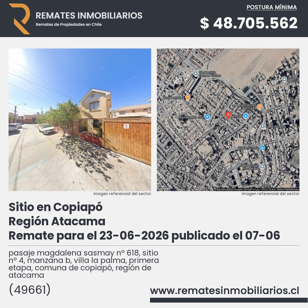 Imagen ficha pasaje magdalena sasmay nº 618, sitio nº 4, manzana b, villa la palma, primera etapa, comuna de copiapó, región de atacama