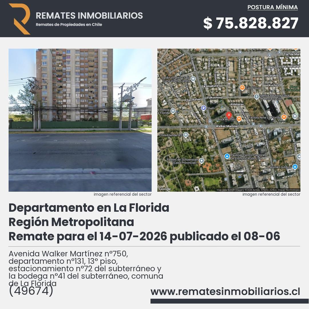 Imagen ficha Avenida Walker Martínez n°750, departamento n°131, 13° piso, estacionamiento n°72 del subterráneo y la bodega n°41 del subterráneo, comuna de La Florida