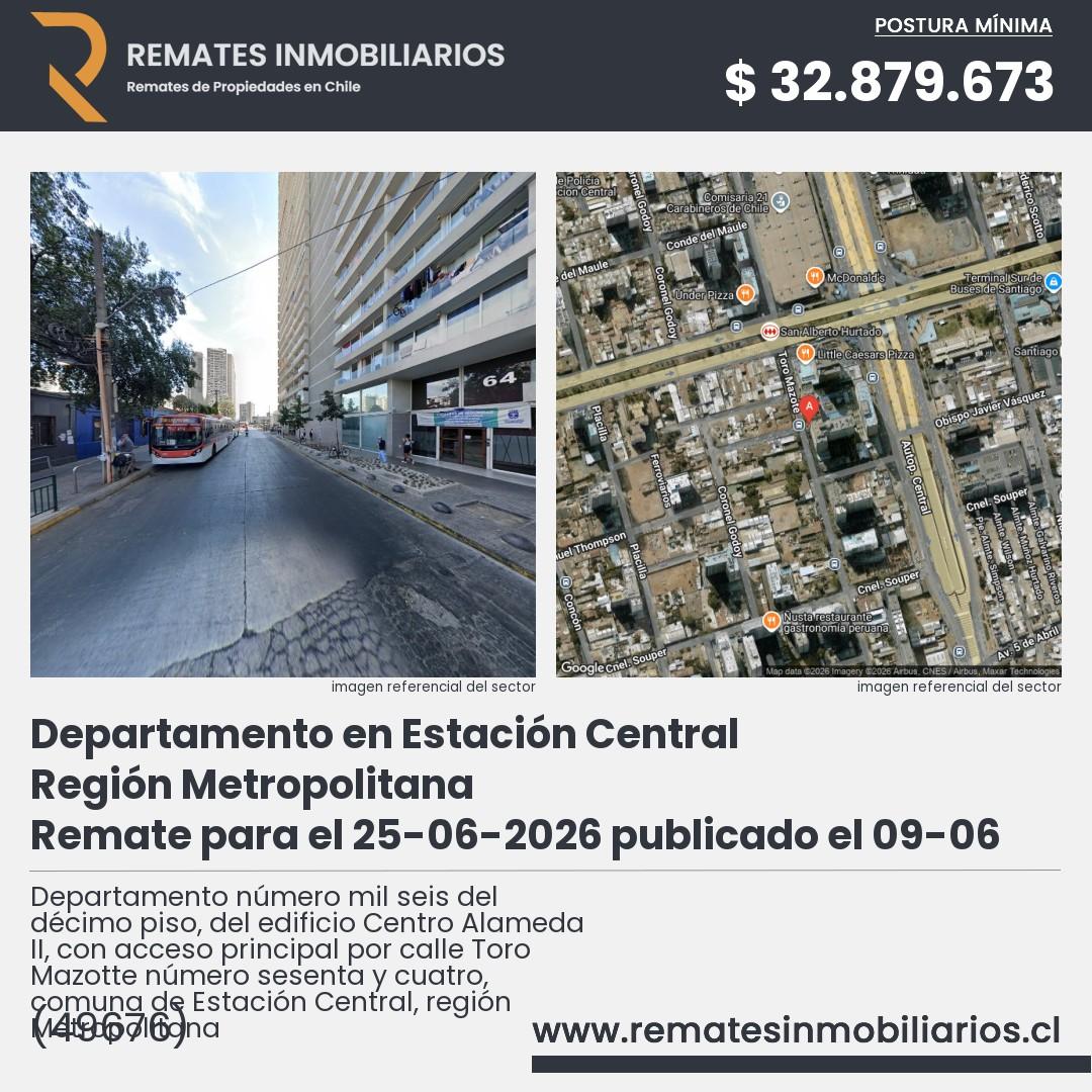 Imagen ficha Departamento número mil seis del décimo piso, del edificio Centro Alameda II, con acceso principal por calle Toro Mazotte número sesenta y cuatro, comuna de Estación Central, región Metropolitana