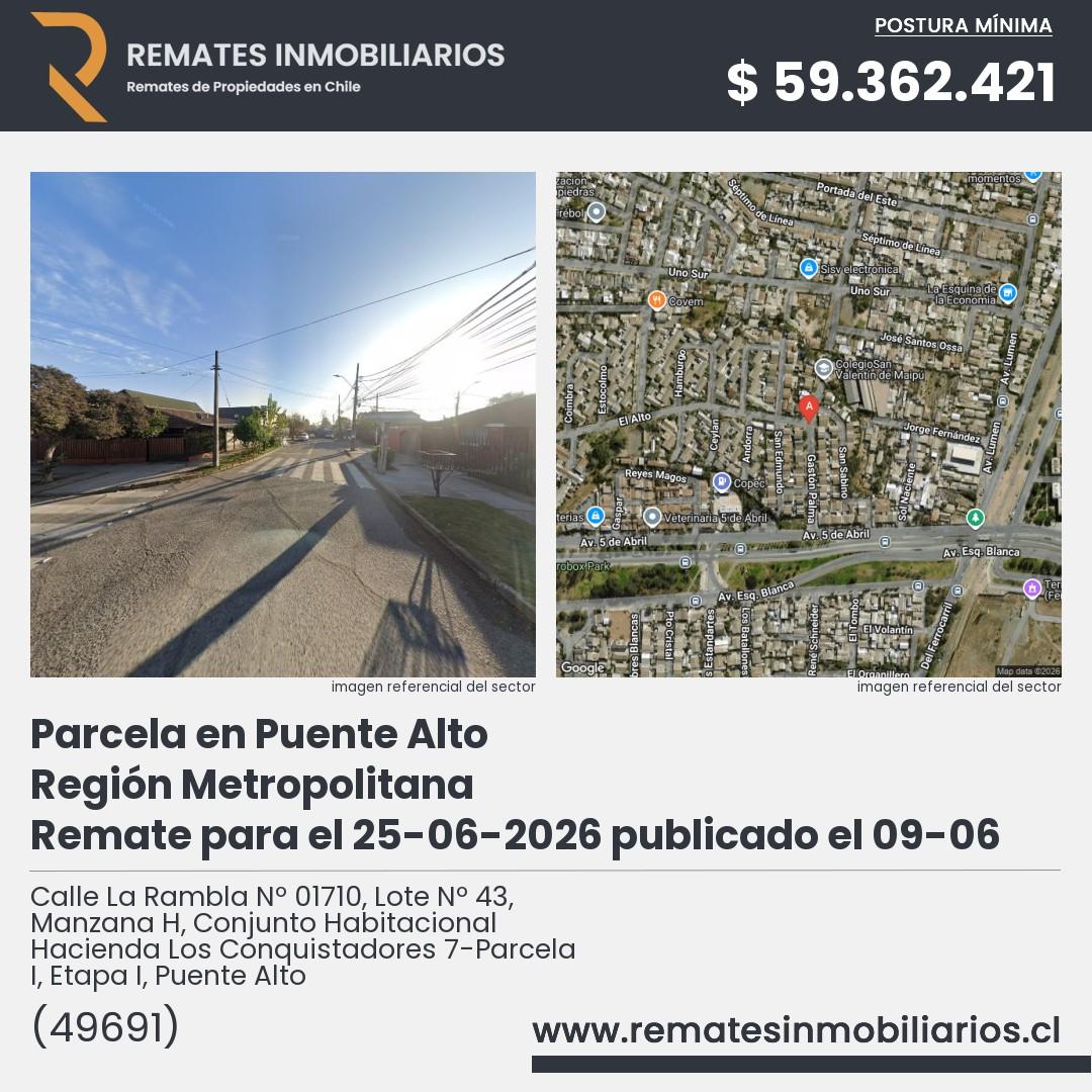 Imagen ficha Calle La Rambla Nº 01710, Lote Nº 43, Manzana H, Conjunto Habitacional Hacienda Los Conquistadores 7-Parcela I, Etapa I, Puente Alto