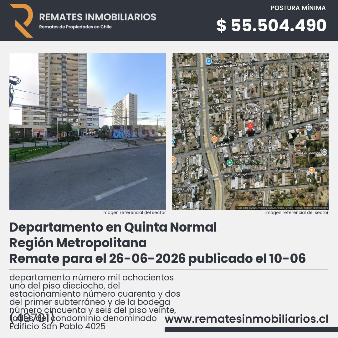Imagen ficha departamento número mil ochocientos uno del piso dieciocho, del estacionamiento número cuarenta y dos del primer subterráneo y de la bodega número cincuenta y seis del piso veinte, todos del condominio denominado Edificio San Pablo 4025