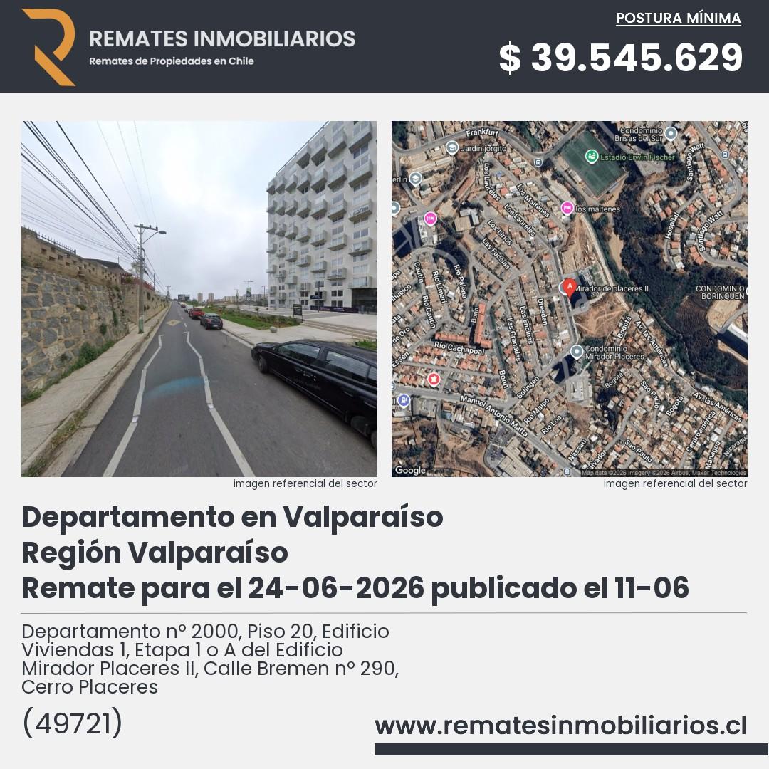 Imagen ficha Departamento nº 2000, Piso 20, Edificio Viviendas 1, Etapa 1 o A del Edificio Mirador Placeres II, Calle Bremen nº 290, Cerro Placeres