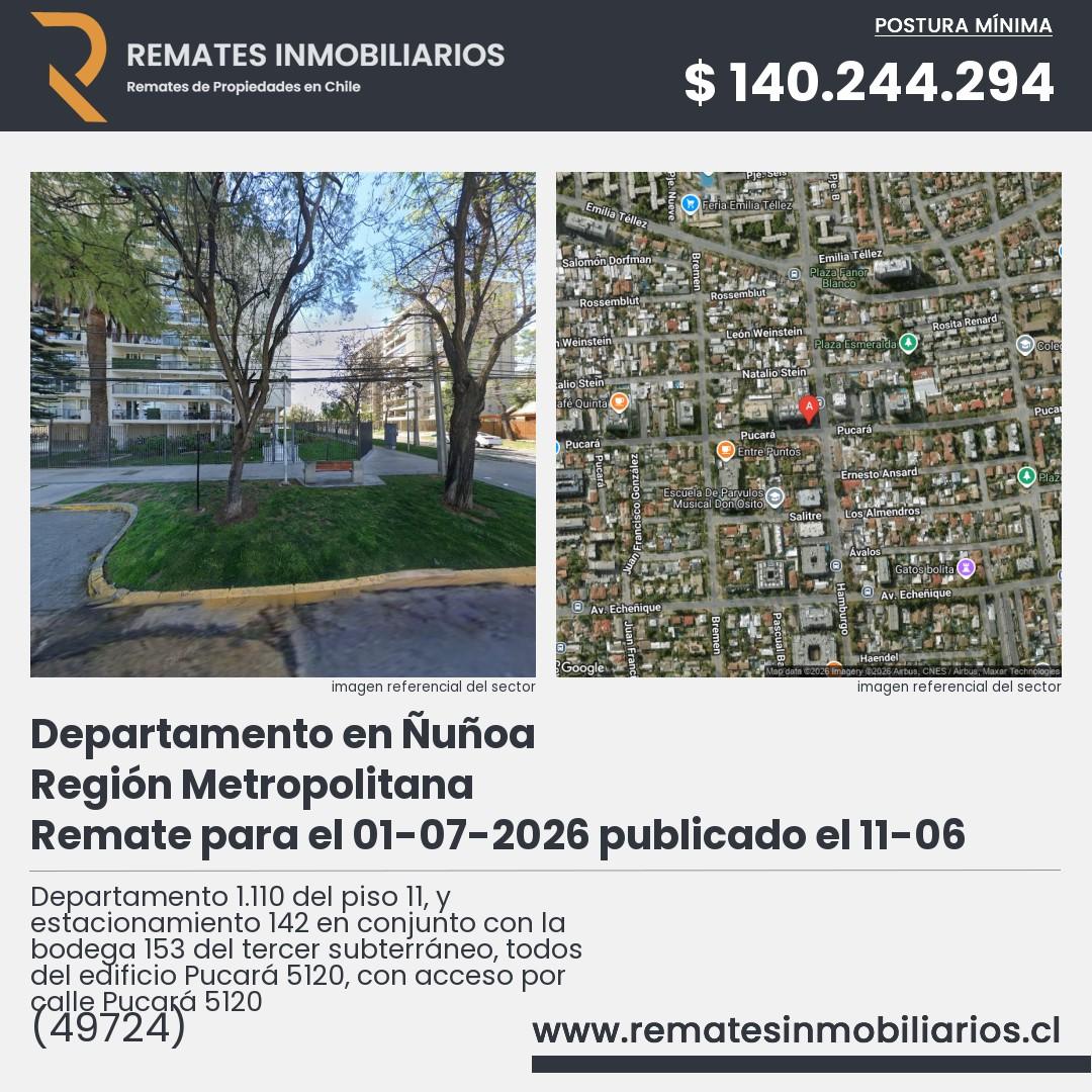 Imagen ficha Departamento 1.110 del piso 11, y estacionamiento 142 en conjunto con la bodega 153 del tercer subterráneo, todos del edificio Pucará 5120, con acceso por calle Pucará 5120