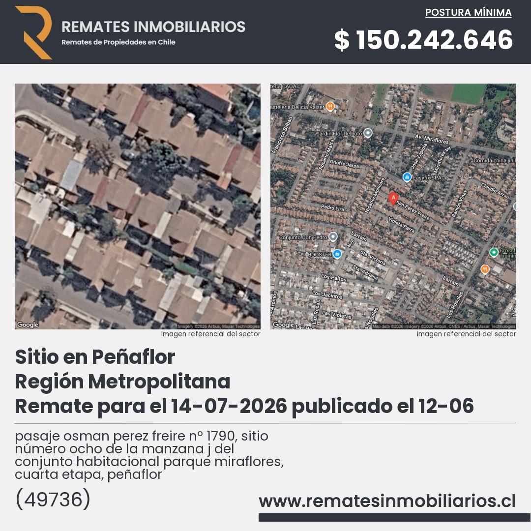 Imagen ficha pasaje osman perez freire nº 1790, sitio número ocho de la manzana j del conjunto habitacional parque miraflores, cuarta etapa, peñaflor