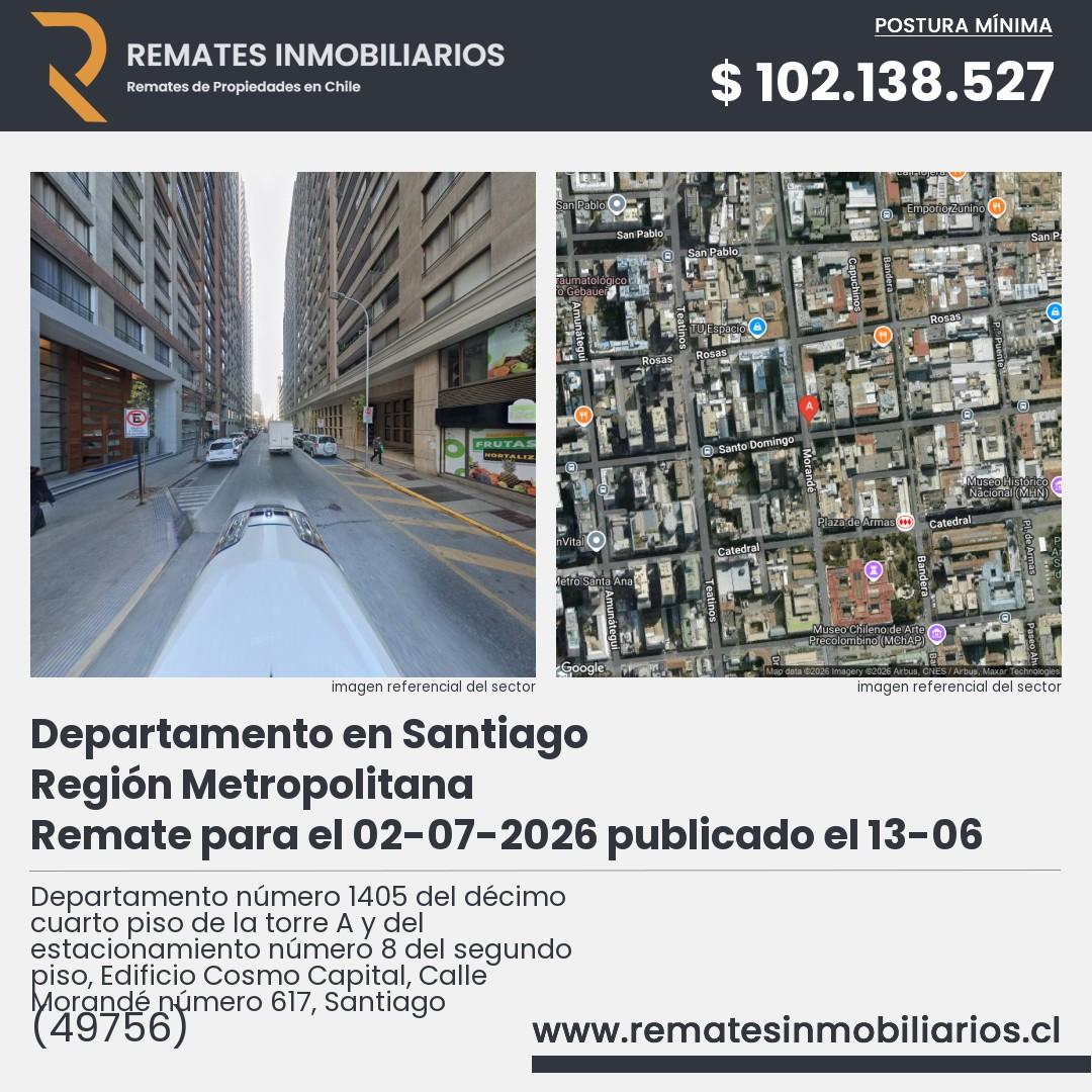 Imagen ficha Departamento número 1405 del décimo cuarto piso de la torre A y del estacionamiento número 8 del segundo piso, Edificio Cosmo Capital, Calle Morandé número 617, Santiago