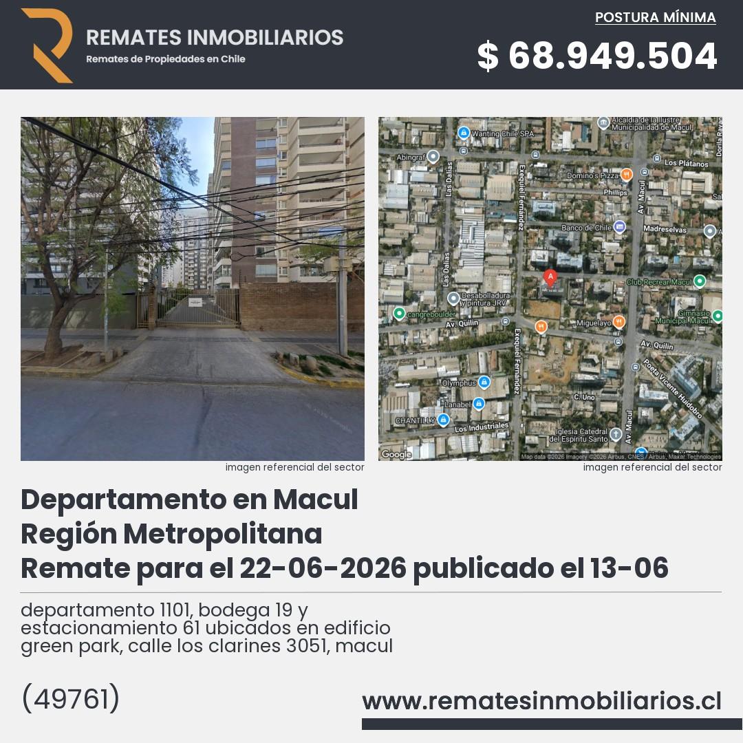 Imagen ficha departamento 1101, bodega 19 y estacionamiento 61 ubicados en edificio green park, calle los clarines 3051, macul