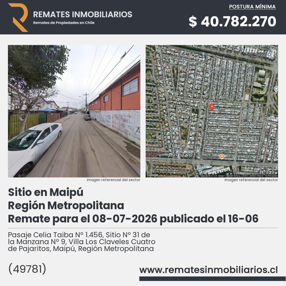 Imagen ficha Pasaje Celia Taiba Nº 1.456, Sitio Nº 31 de la Manzana Nº 9, Villa Los Claveles Cuatro de Pajaritos, Maipú, Región Metropolitana