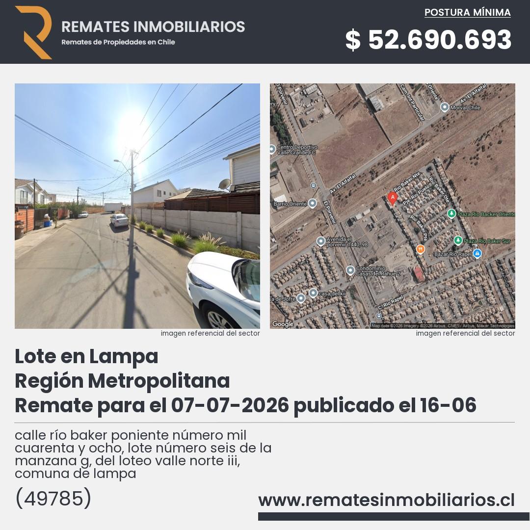 Imagen ficha calle río baker poniente número mil cuarenta y ocho, lote número seis de la manzana g, del loteo valle norte iii, comuna de lampa