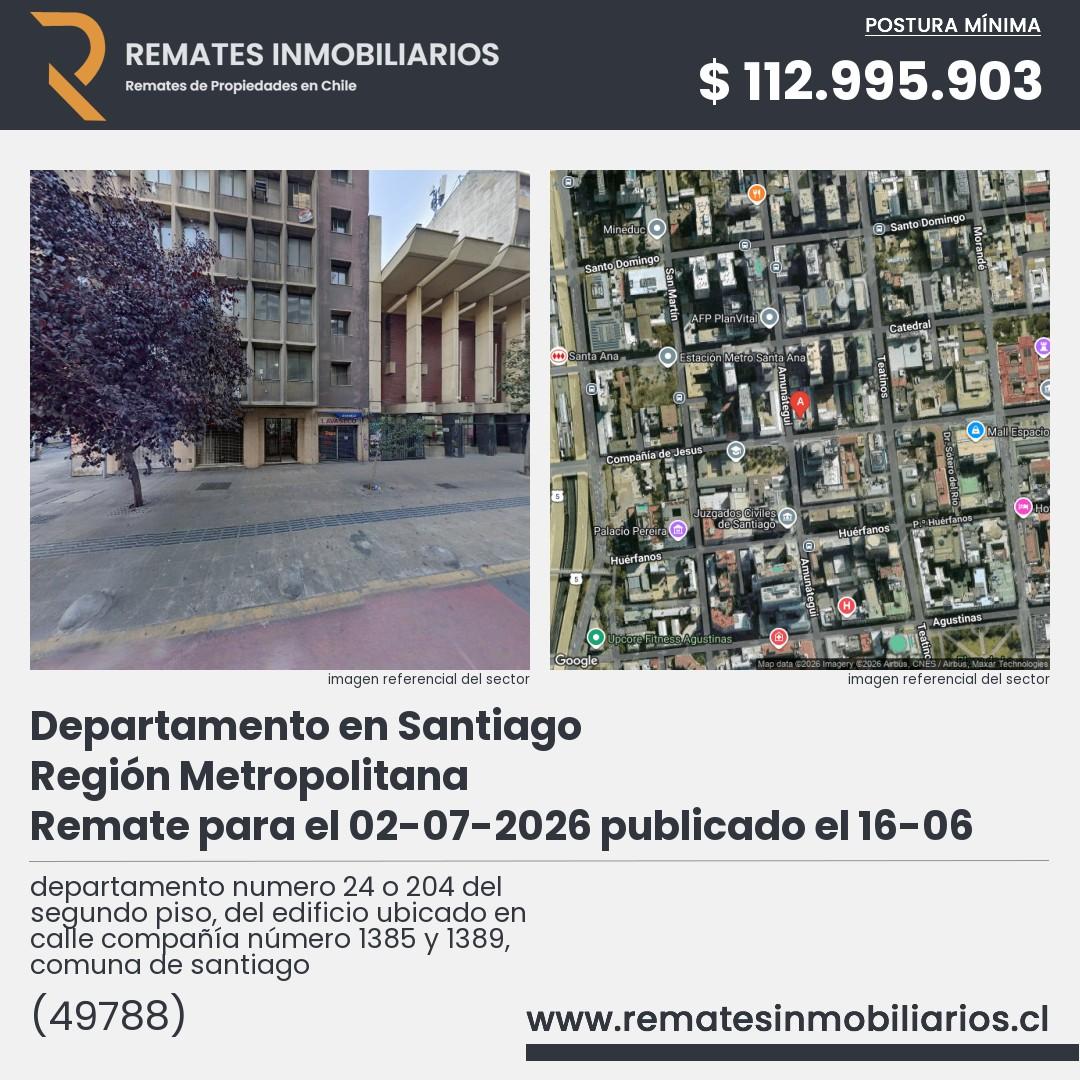 Imagen ficha departamento numero 24 o 204 del segundo piso, del edificio ubicado en calle compañía número 1385 y 1389, comuna de santiago