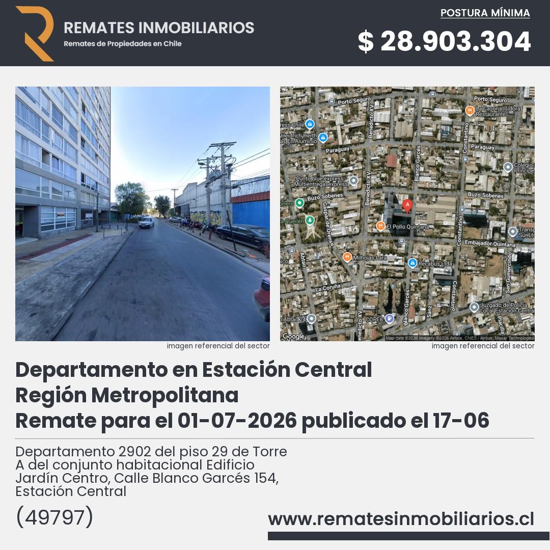 Imagen ficha Departamento 2902 del piso 29 de Torre A del conjunto habitacional Edificio Jardín Centro, Calle Blanco Garcés 154, Estación Central