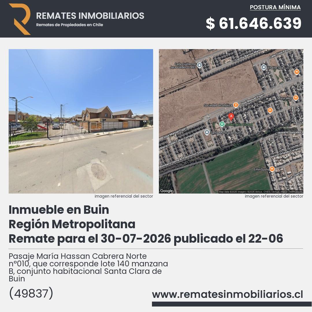 Imagen ficha Pasaje María Hassan Cabrera Norte n°010, que corresponde lote 140 manzana B, conjunto habitacional Santa Clara de Buin