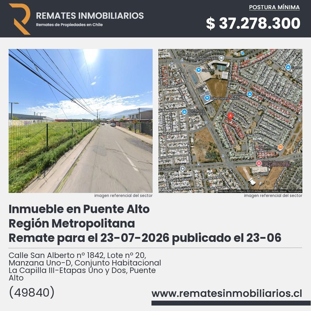 Imagen ficha Calle San Alberto nº 1842, Lote nº 20, Manzana Uno-D, Conjunto Habitacional La Capilla III-Etapas Uno y Dos, Puente Alto