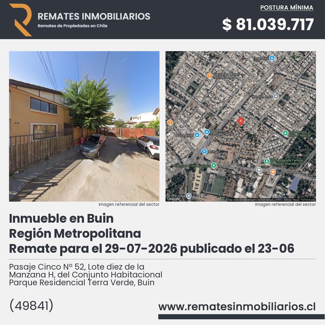 Imagen ficha Pasaje Cinco Nº 52, Lote diez de la Manzana H, del Conjunto Habitacional Parque Residencial Terra Verde, Buin