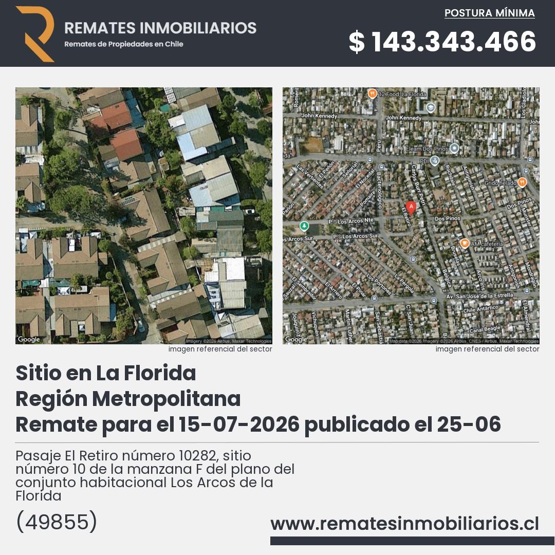 Imagen ficha Pasaje El Retiro número 10282, sitio número 10 de la manzana F del plano del conjunto habitacional Los Arcos de la Florida