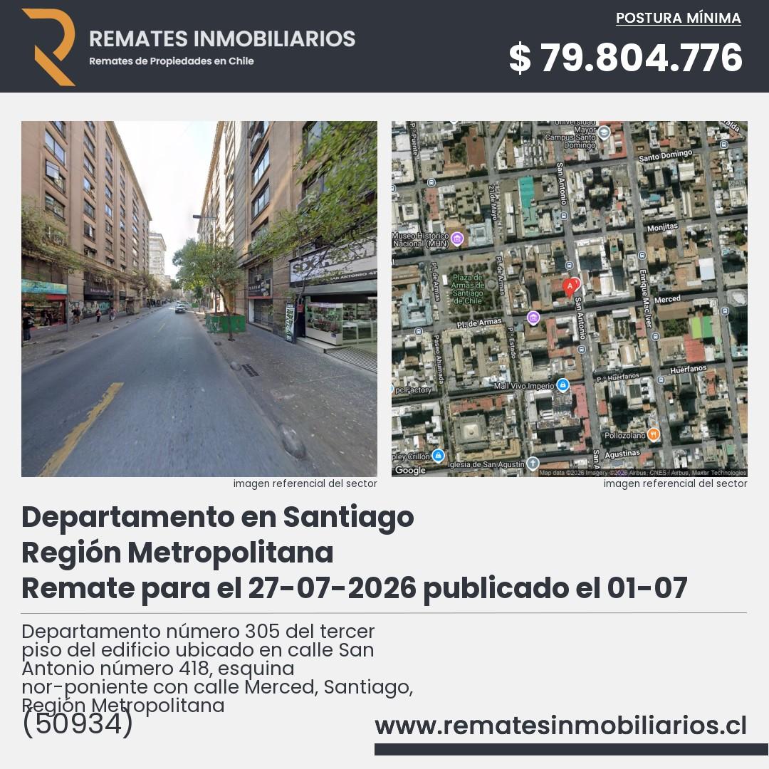 Imagen ficha Departamento número 305 del tercer piso del edificio ubicado en calle San Antonio número 418, esquina nor-poniente con calle Merced, Santiago, Región Metropolitana