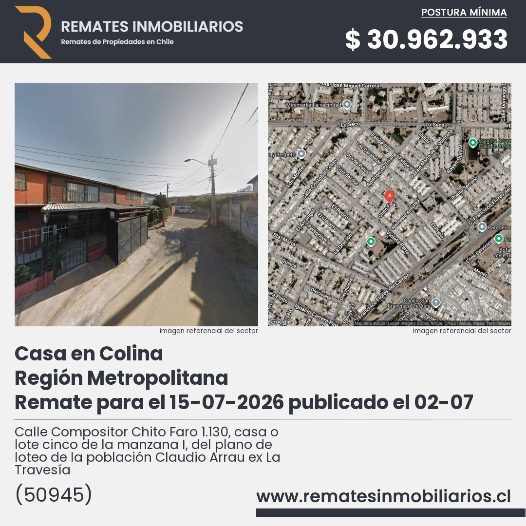 Imagen ficha Calle Compositor Chito Faro 1.130, casa o lote cinco de la manzana I, del plano de loteo de la población Claudio Arrau ex La Travesía
