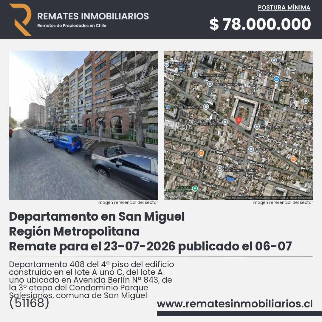 Imagen ficha Departamento 408 del 4º piso del edificio construido en el lote A uno C, del lote A uno ubicado en Avenida Berlín Nº 843, de la 3º etapa del Condominio Parque Salesianos, comuna de San Miguel