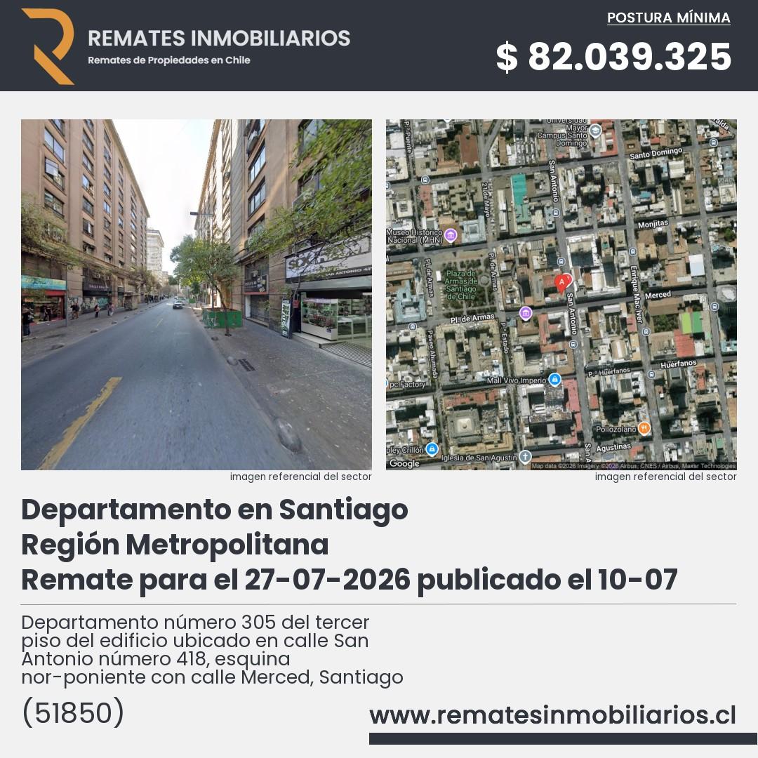 Imagen ficha Departamento número 305 del tercer piso del edificio ubicado en calle San Antonio número 418, esquina nor-poniente con calle Merced, Santiago