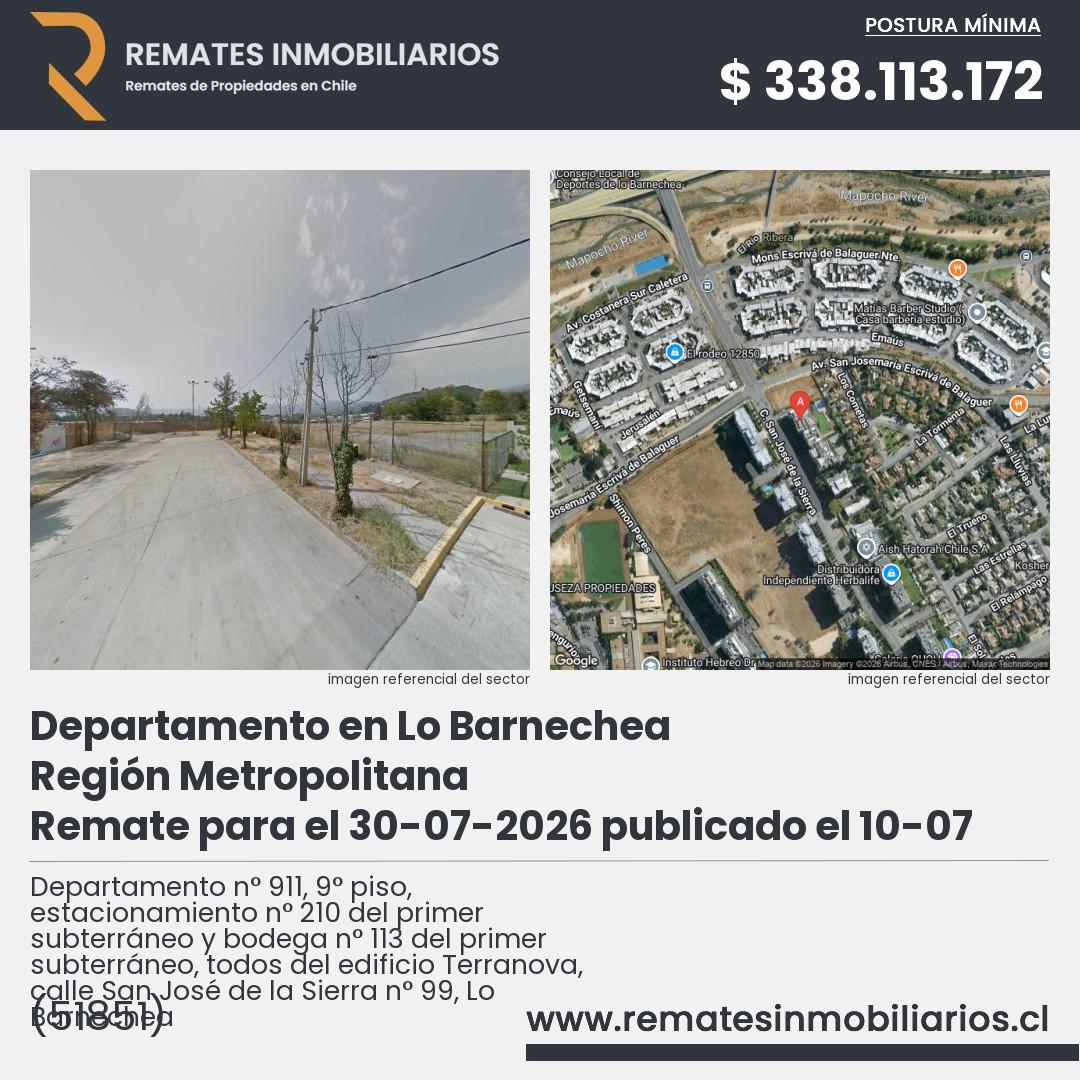 Imagen ficha Departamento n° 911, 9° piso, estacionamiento n° 210 del primer subterráneo y bodega n° 113 del primer subterráneo, todos del edificio Terranova, calle San José de la Sierra n° 99, Lo Barnechea