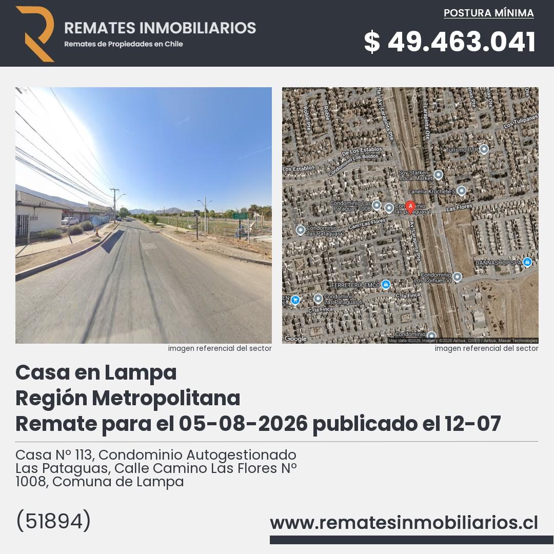Imagen ficha Casa Nº 113, Condominio Autogestionado Las Pataguas, Calle Camino Las Flores Nº 1008, Comuna de Lampa