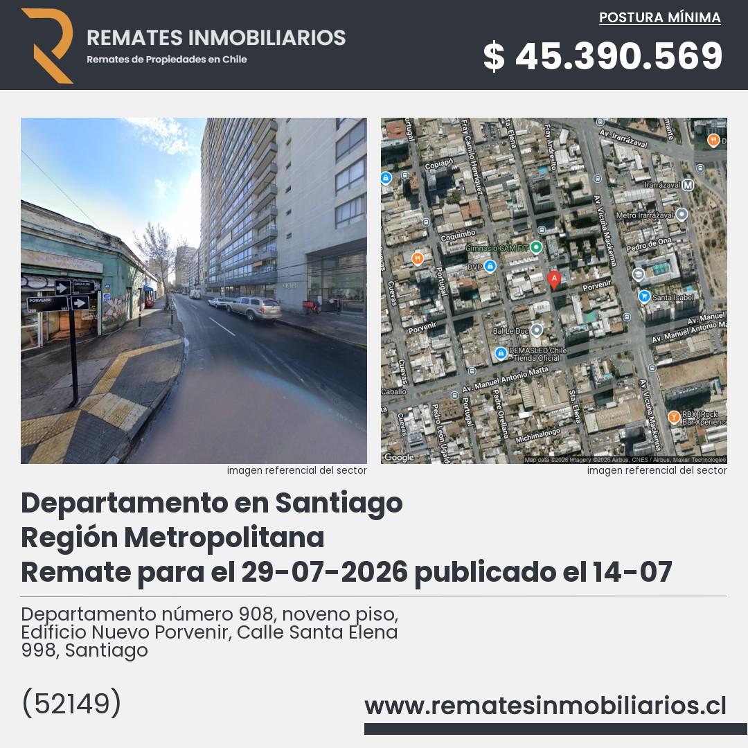 Imagen ficha Departamento número 908, noveno piso, Edificio Nuevo Porvenir, Calle Santa Elena 998, Santiago