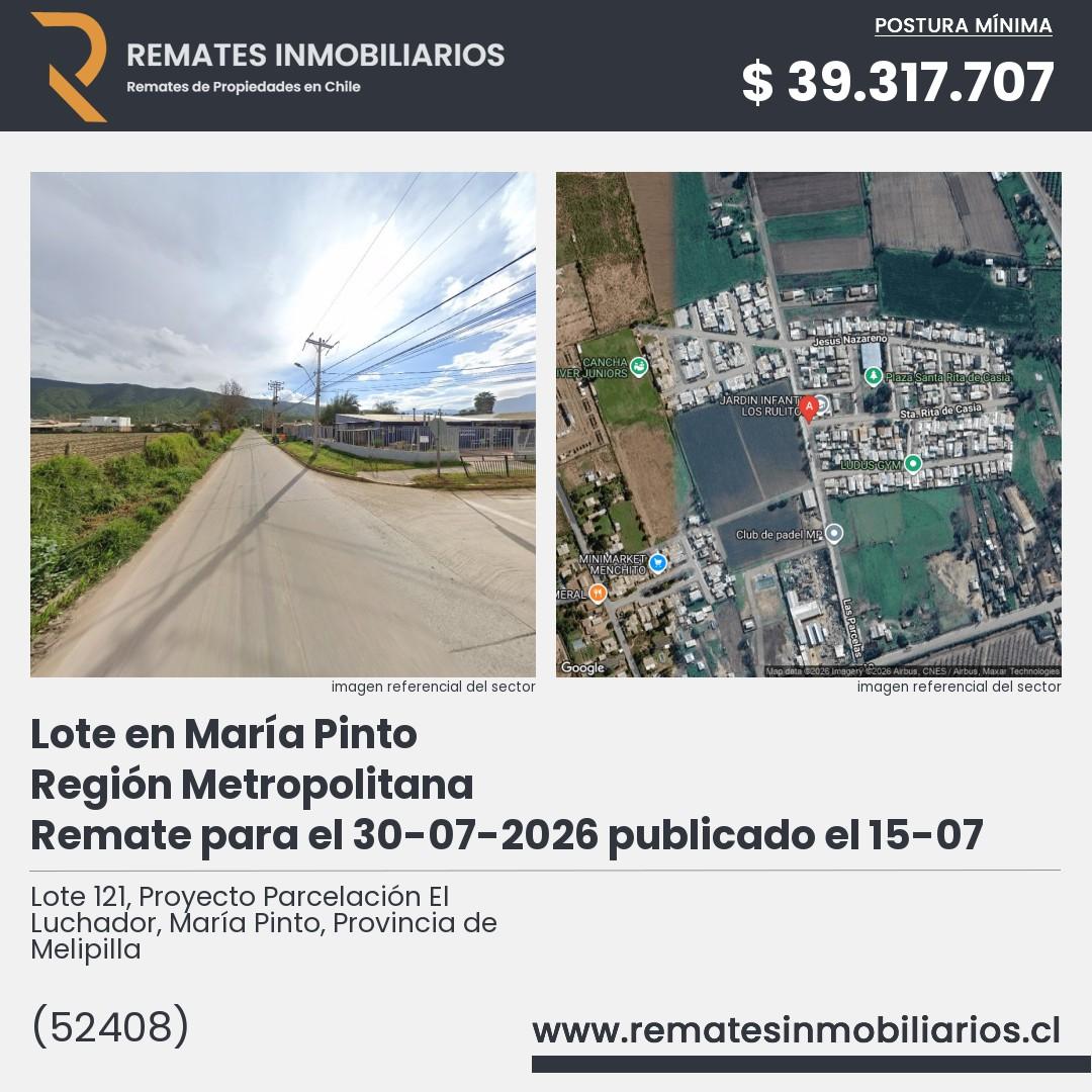 Imagen ficha Lote 121, Proyecto Parcelación El Luchador, María Pinto, Provincia de Melipilla