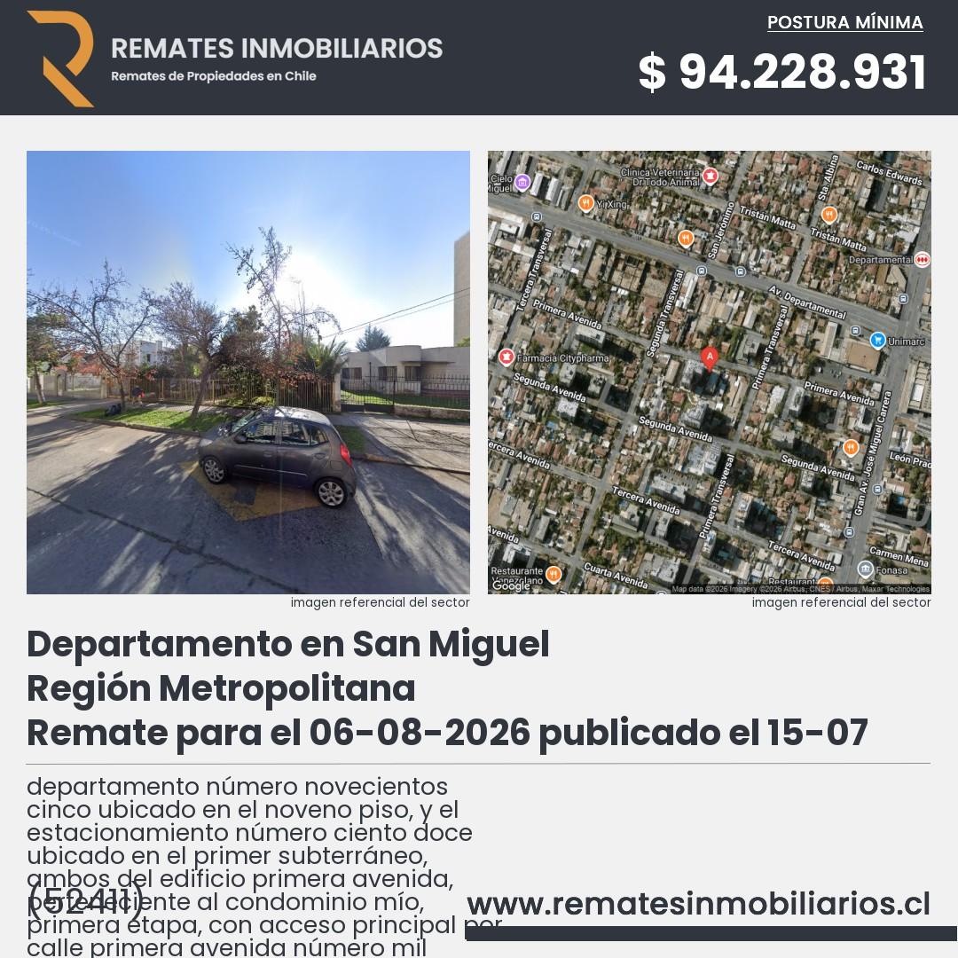 Imagen ficha departamento número novecientos cinco ubicado en el noveno piso, y el estacionamiento número ciento doce ubicado en el primer subterráneo, ambos del edificio primera avenida, perteneciente al condominio mío, primera etapa, con acceso principal por calle primera avenida número mil doscientos cincuenta y dos