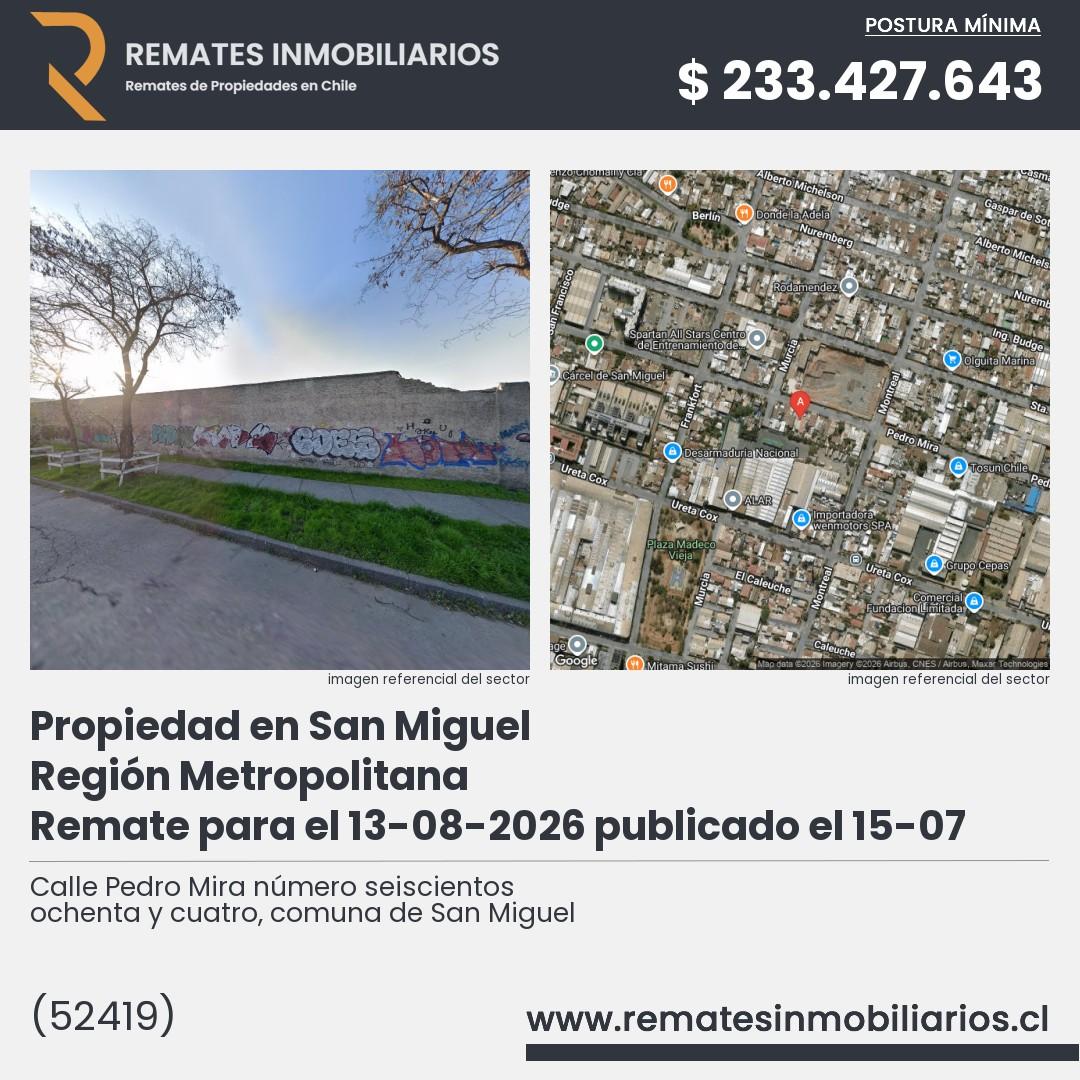 Imagen ficha Calle Pedro Mira número seiscientos ochenta y cuatro, comuna de San Miguel