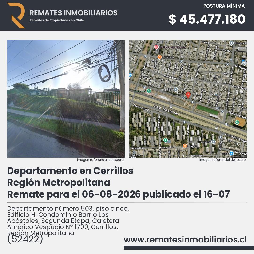 Imagen ficha Departamento número 503, piso cinco, Edificio H, Condominio Barrio Los Apóstoles, Segunda Etapa, Caletera Américo Vespucio Nº 1700, Cerrillos, Región Metropolitana