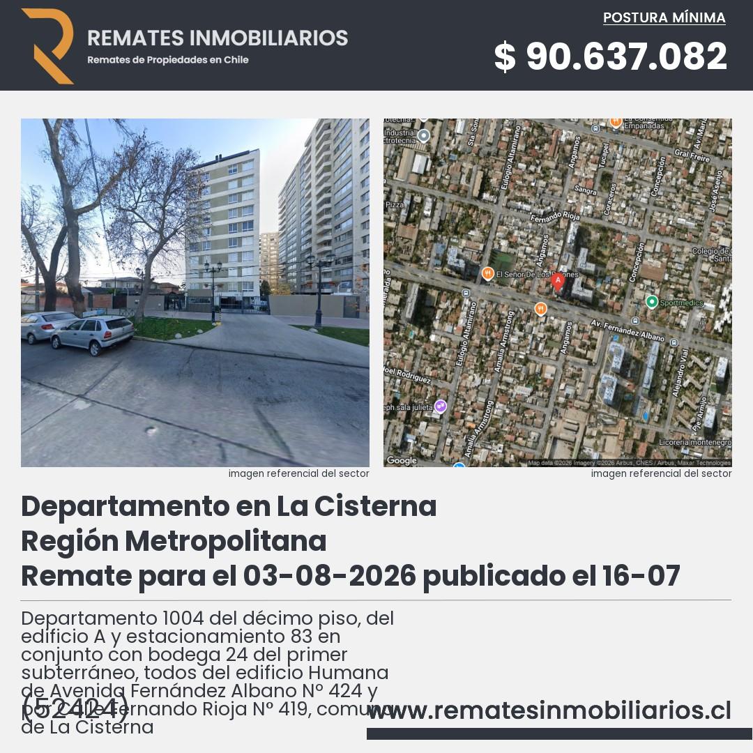 Imagen ficha Departamento 1004 del décimo piso, del edificio A y estacionamiento 83 en conjunto con bodega 24 del primer subterráneo, todos del edificio Humana de Avenida Fernández Albano Nº 424 y por Calle Fernando Rioja N° 419, comuna de La Cisterna