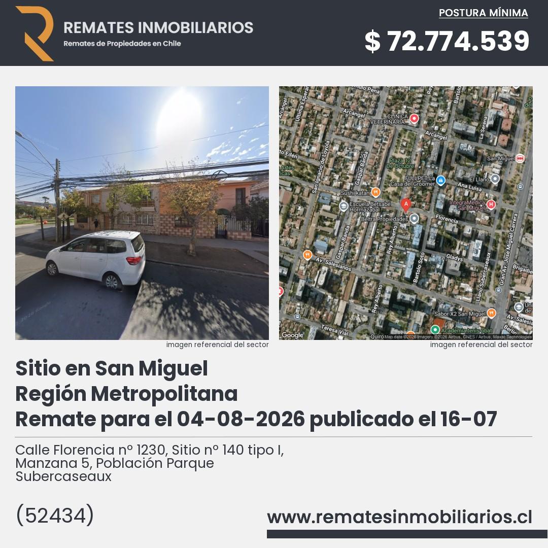 Imagen ficha Calle Florencia nº 1230, Sitio nº 140 tipo I, Manzana 5, Población Parque Subercaseaux