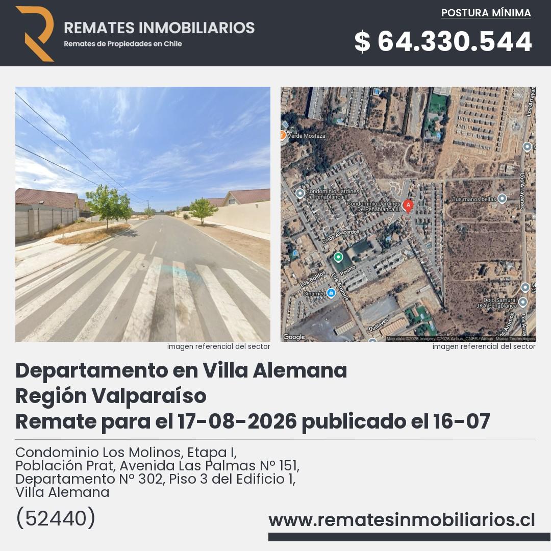 Imagen ficha Condominio Los Molinos, Etapa I, Población Prat, Avenida Las Palmas Nº 151, Departamento Nº 302, Piso 3 del Edificio 1, Villa Alemana