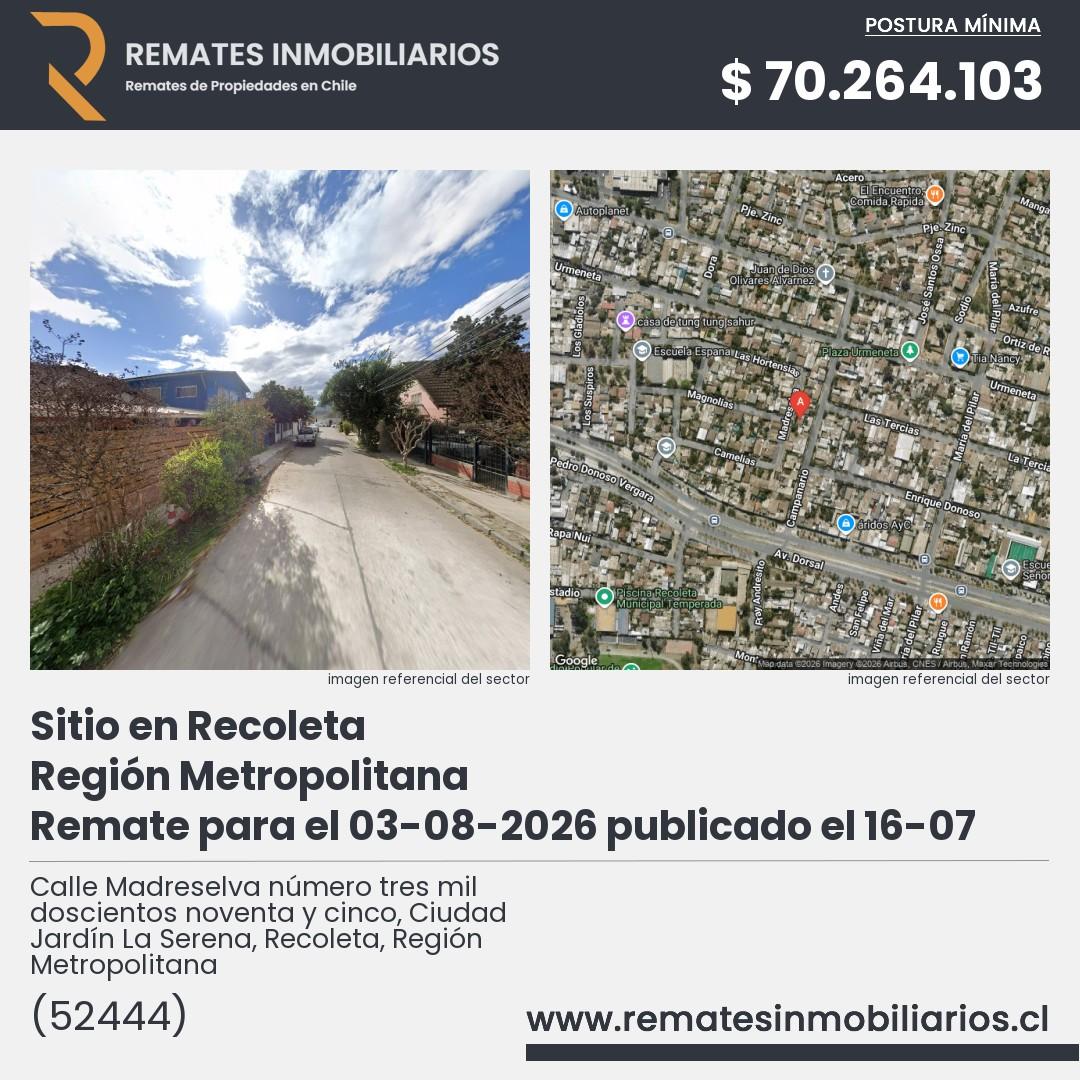 Imagen ficha Calle Madreselva número tres mil doscientos noventa y cinco, Ciudad Jardín La Serena, Recoleta, Región Metropolitana