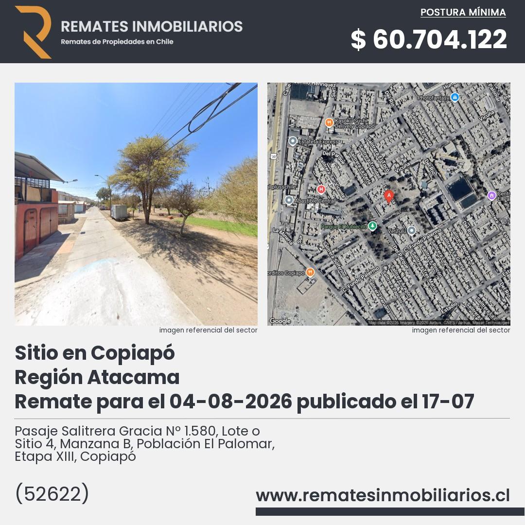Imagen ficha Pasaje Salitrera Gracia Nº 1.580, Lote o Sitio 4, Manzana B, Población El Palomar, Etapa XIII, Copiapó