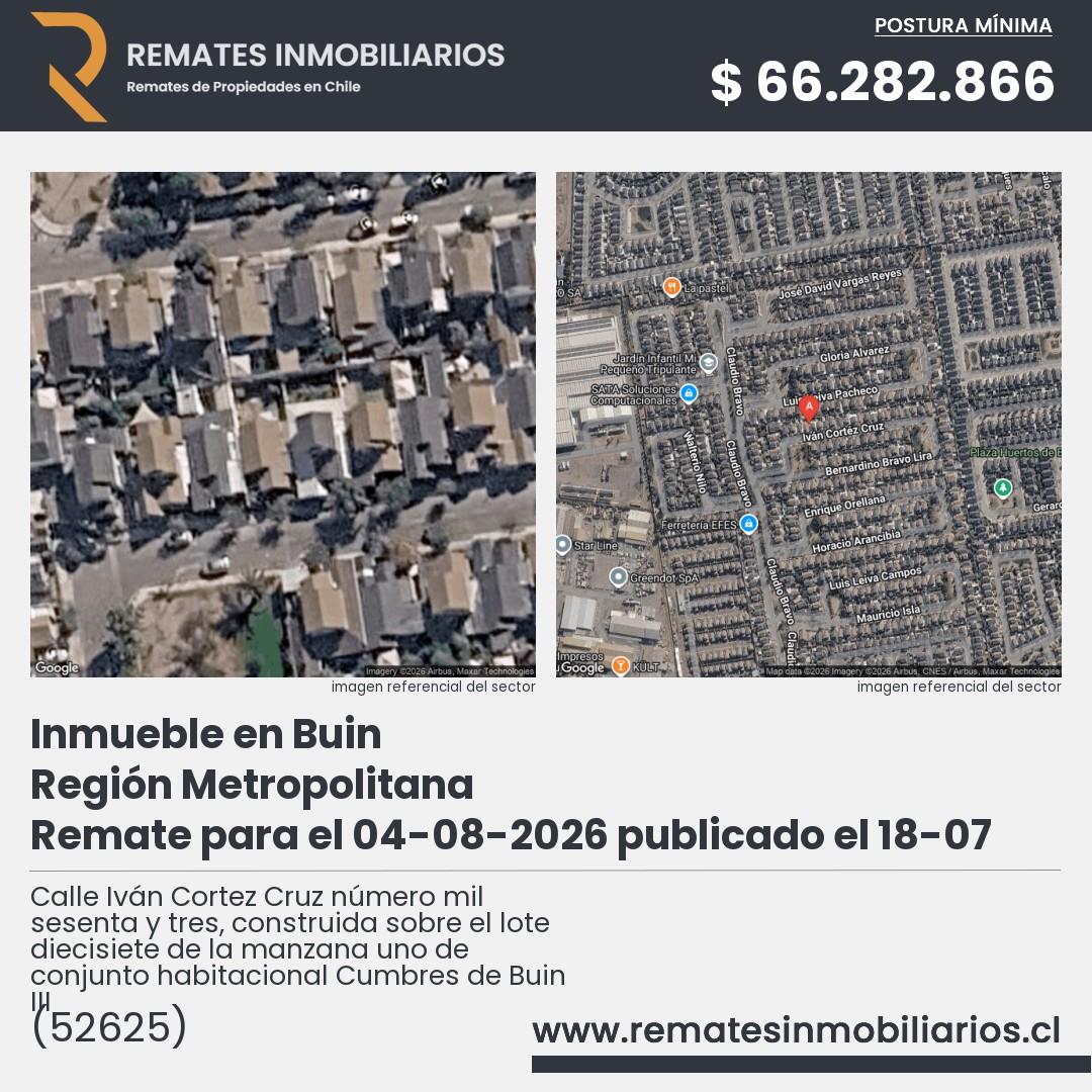 Imagen ficha Calle Iván Cortez Cruz número mil sesenta y tres, construida sobre el lote diecisiete de la manzana uno de conjunto habitacional Cumbres de Buin III