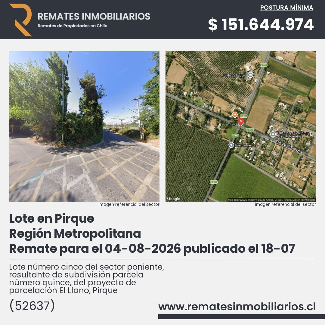 Imagen ficha Lote número cinco del sector poniente, resultante de subdivisión parcela número quince, del proyecto de parcelación El Llano, Pirque