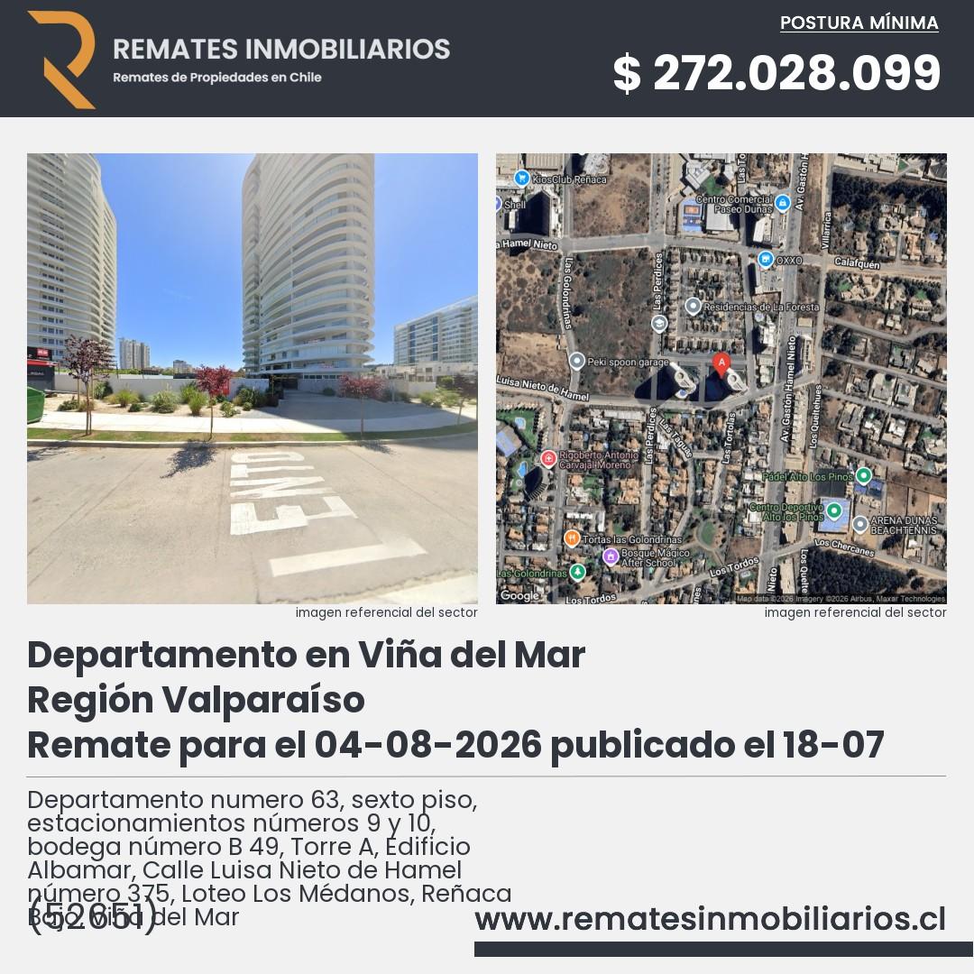 Imagen ficha Departamento numero 63, sexto piso, estacionamientos números 9 y 10, bodega número B 49, Torre A, Edificio Albamar, Calle Luisa Nieto de Hamel número 375, Loteo Los Médanos, Reñaca Bajo, Viña del Mar