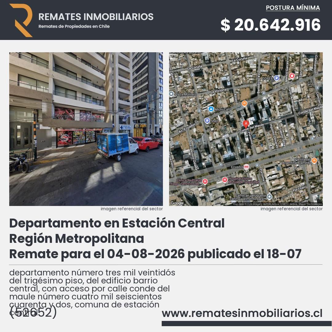 Imagen ficha departamento número tres mil veintidós del trigésimo piso, del edificio barrio central, con acceso por calle conde del maule número cuatro mil seiscientos cuarenta y dos, comuna de estación central