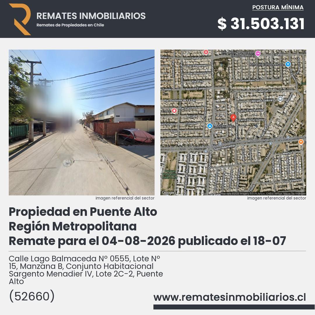 Imagen ficha Calle Lago Balmaceda Nº 0555, Lote Nº 15, Manzana B, Conjunto Habitacional Sargento Menadier IV, Lote 2C-2, Puente Alto