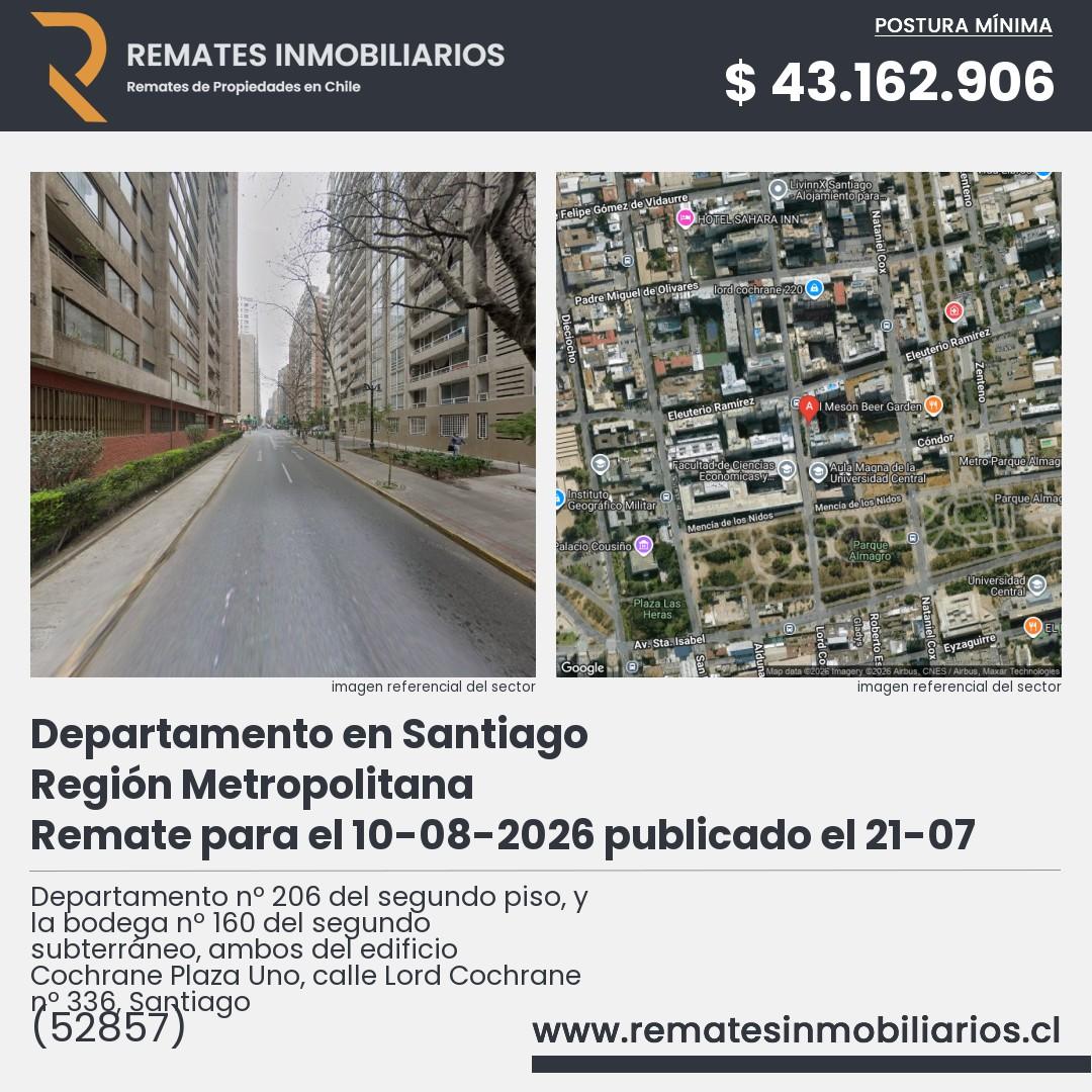Imagen ficha Departamento nº 206 del segundo piso, y la bodega nº 160 del segundo subterráneo, ambos del edificio Cochrane Plaza Uno, calle Lord Cochrane nº 336, Santiago