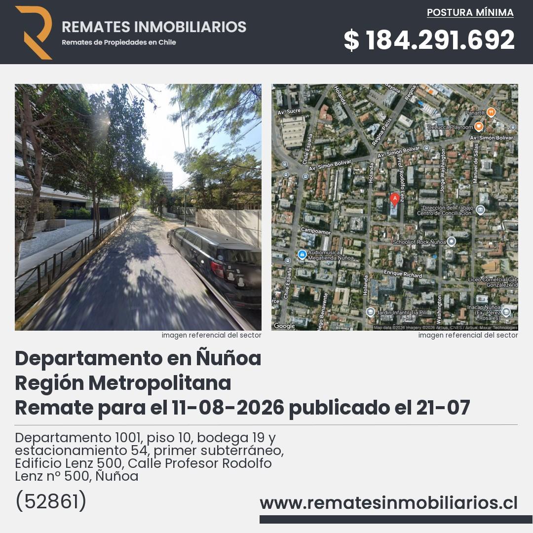 Imagen ficha Departamento 1001, piso 10, bodega 19 y estacionamiento 54, primer subterráneo, Edificio Lenz 500, Calle Profesor Rodolfo Lenz nº 500, Ñuñoa