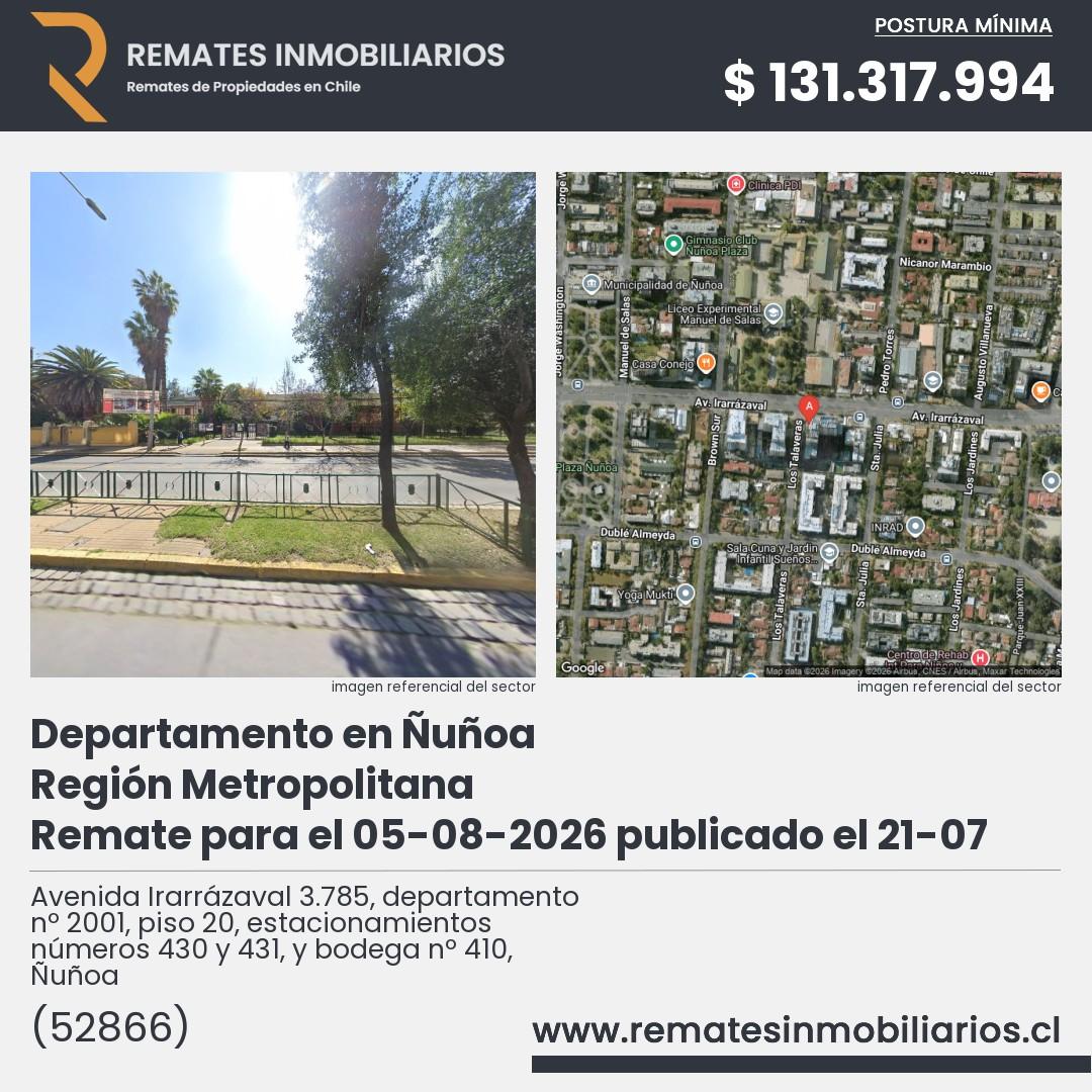 Imagen ficha Avenida Irarrázaval 3.785, departamento nº 2001, piso 20, estacionamientos números 430 y 431, y bodega nº 410, Ñuñoa