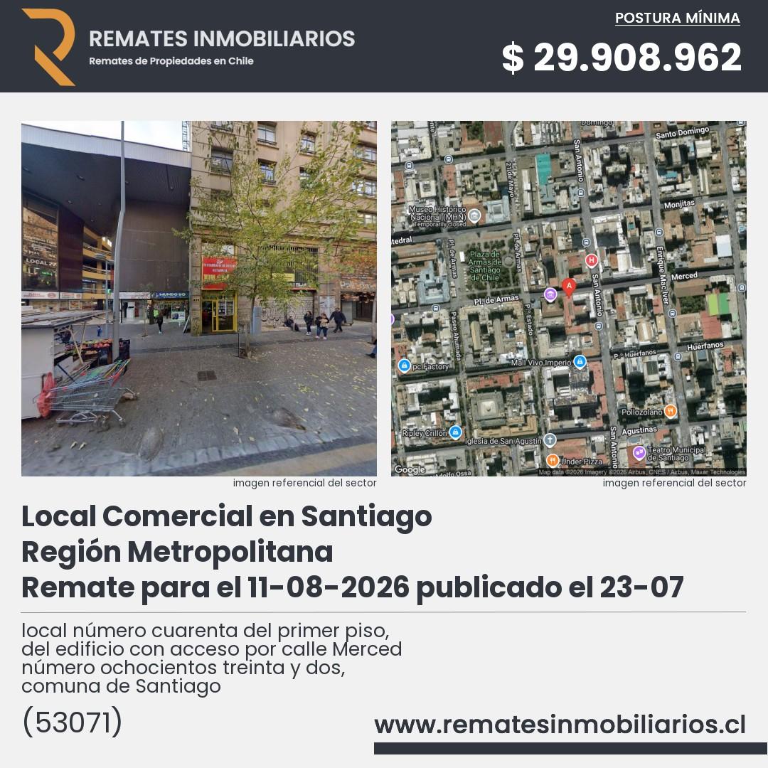 Imagen ficha local número cuarenta del primer piso, del edificio con acceso por calle Merced número ochocientos treinta y dos, comuna de Santiago