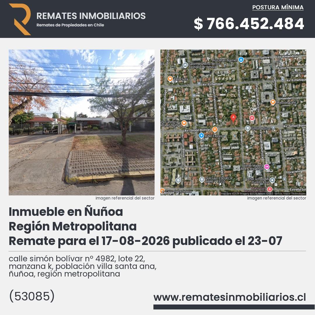 Imagen ficha calle simón bolívar nº 4982, lote 22, manzana k, población villa santa ana, ñuñoa, región metropolitana