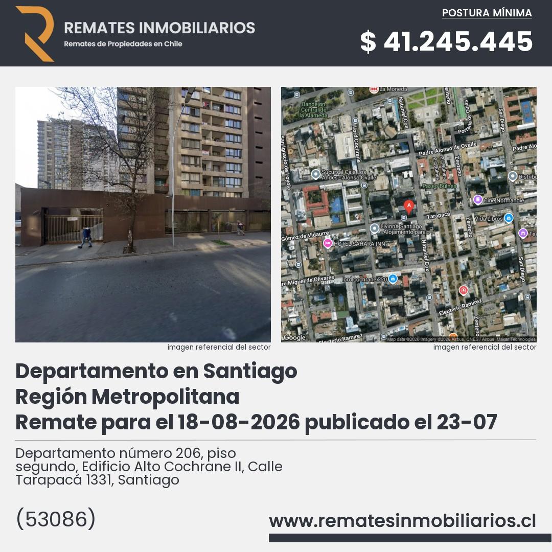 Imagen ficha Departamento número 206, piso segundo, Edificio Alto Cochrane II, Calle Tarapacá 1331, Santiago