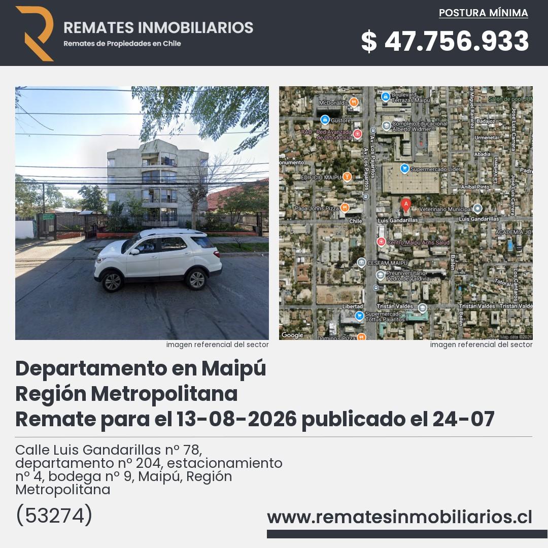 Imagen ficha Calle Luis Gandarillas nº 78, departamento nº 204, estacionamiento nº 4, bodega nº 9, Maipú, Región Metropolitana