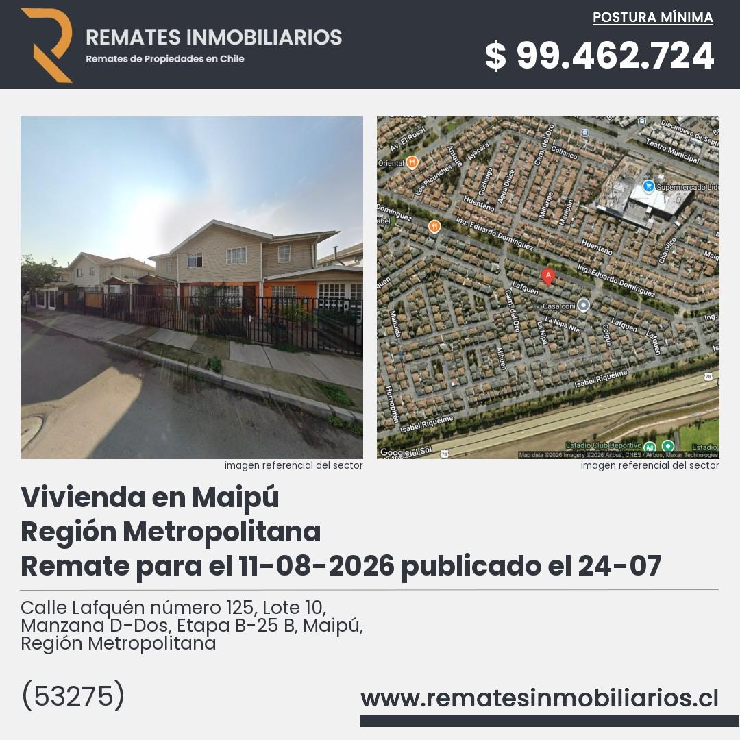 Imagen ficha Calle Lafquén número 125, Lote 10, Manzana D-Dos, Etapa B-25 B, Maipú, Región Metropolitana