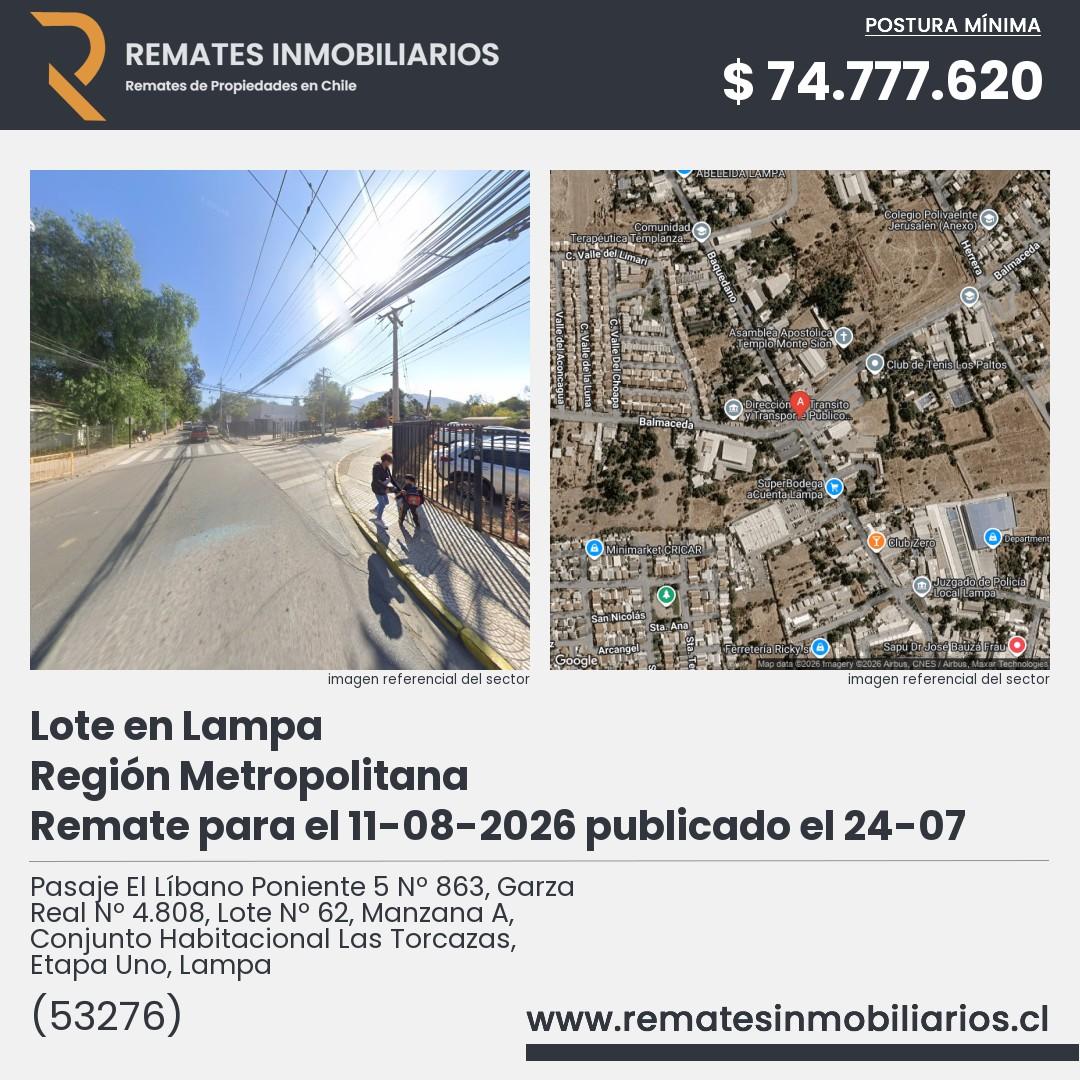 Imagen ficha Pasaje El Líbano Poniente 5 Nº 863, Garza Real Nº 4.808, Lote Nº 62, Manzana A, Conjunto Habitacional Las Torcazas, Etapa Uno, Lampa