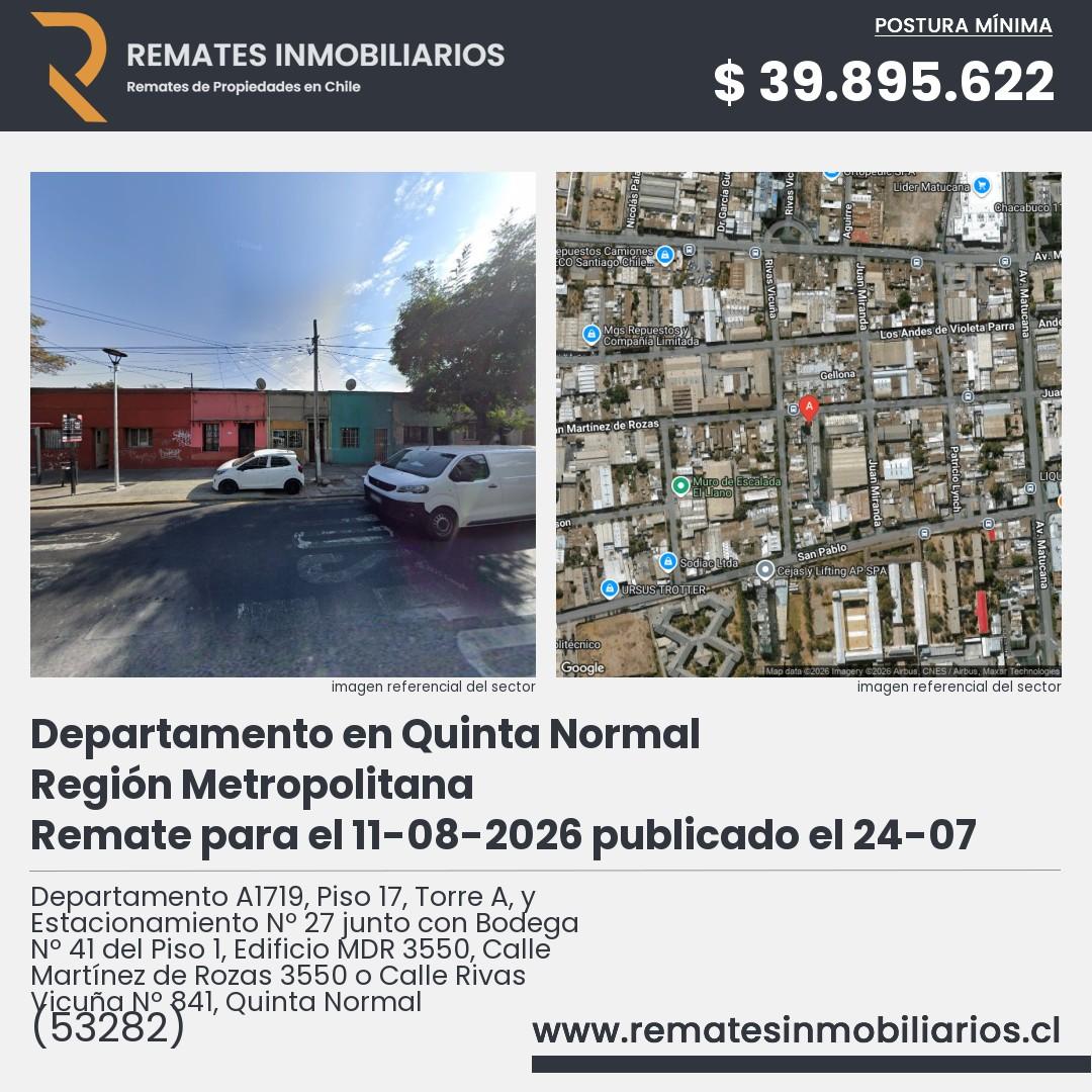 Imagen ficha Departamento A1719, Piso 17, Torre A, y Estacionamiento Nº 27 junto con Bodega Nº 41 del Piso 1, Edificio MDR 3550, Calle Martínez de Rozas 3550 o Calle Rivas Vicuña Nº 841, Quinta Normal
